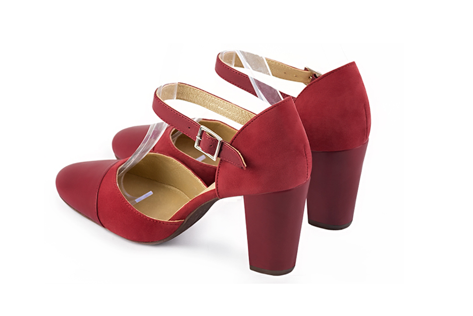 Women's cardinal red elegant closed-back heels, with an instep strap. Round toe. High block heels - Rear view